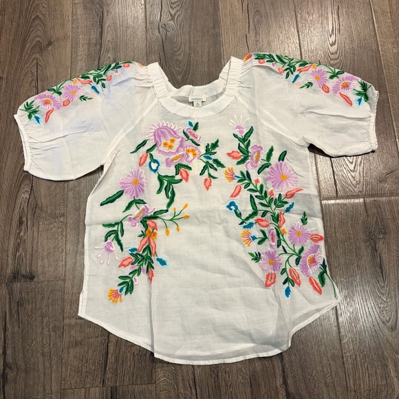 NWT Sundance White Embroidered Floral Blouse Vallejo Top M Boho Bright Peasant - Picture 8 of 10